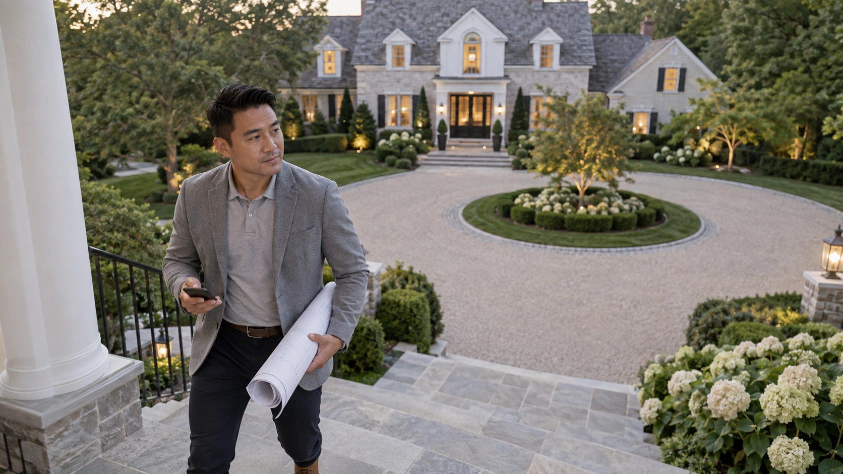 General contractor arriving with architectural plans to oversee work at a high-end custom residential property