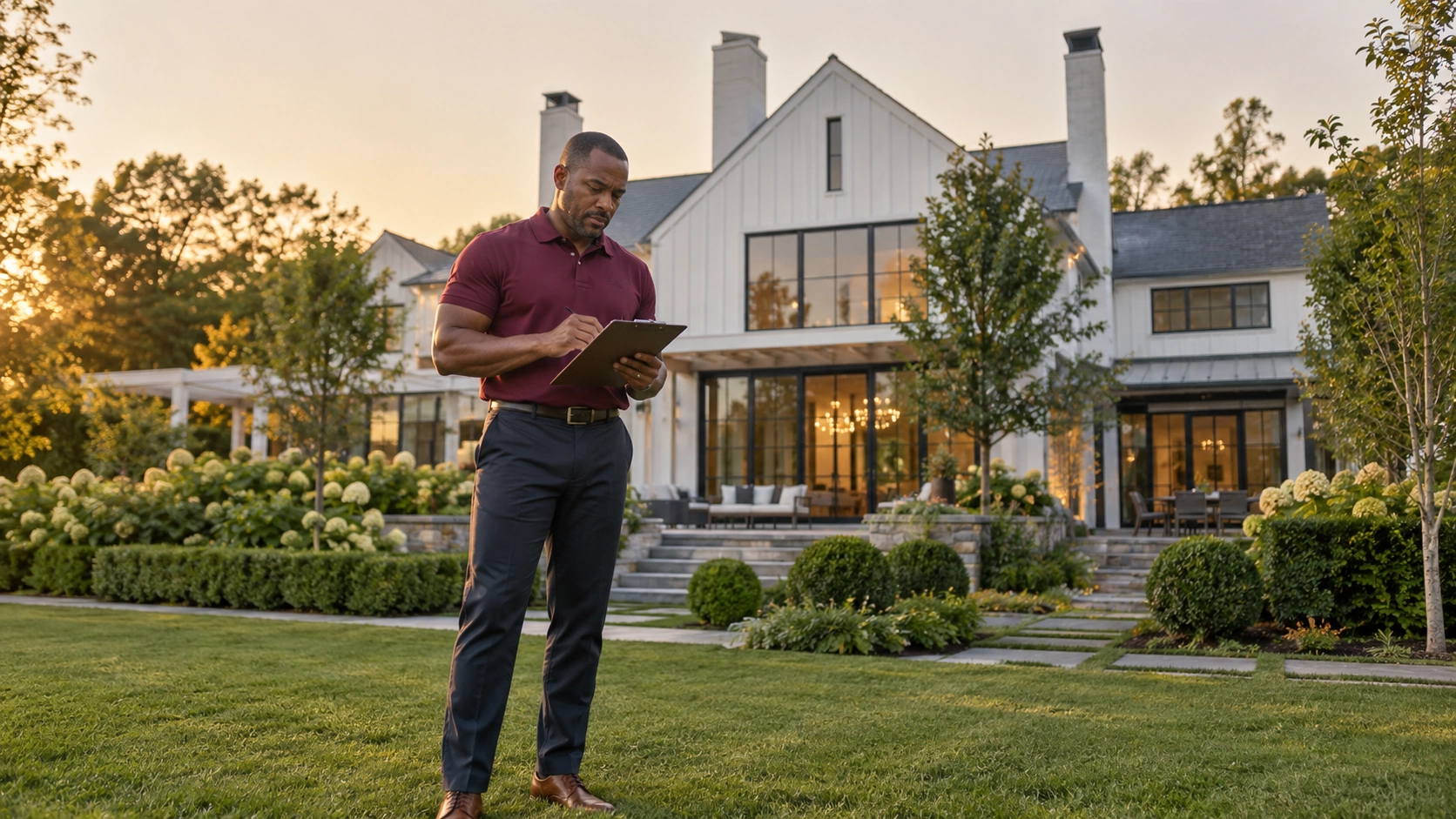 General contractor documenting project details outside a modern luxury home during a residential property review