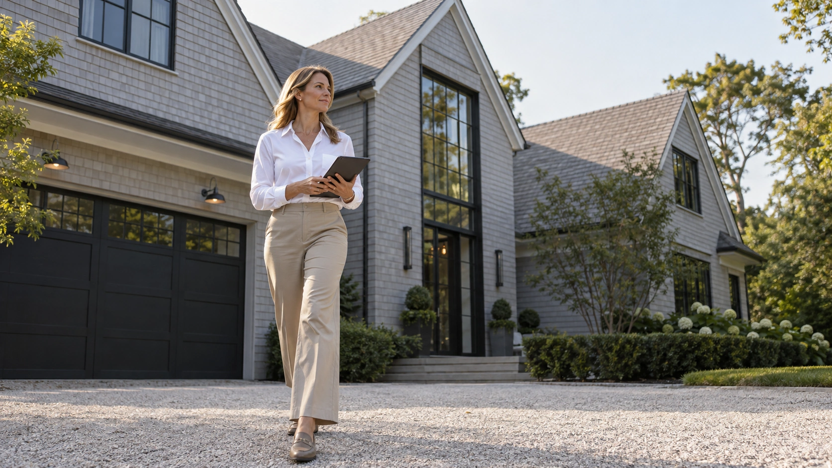 General contractor reviewing a luxury home’s exterior and property details during a residential project inspection