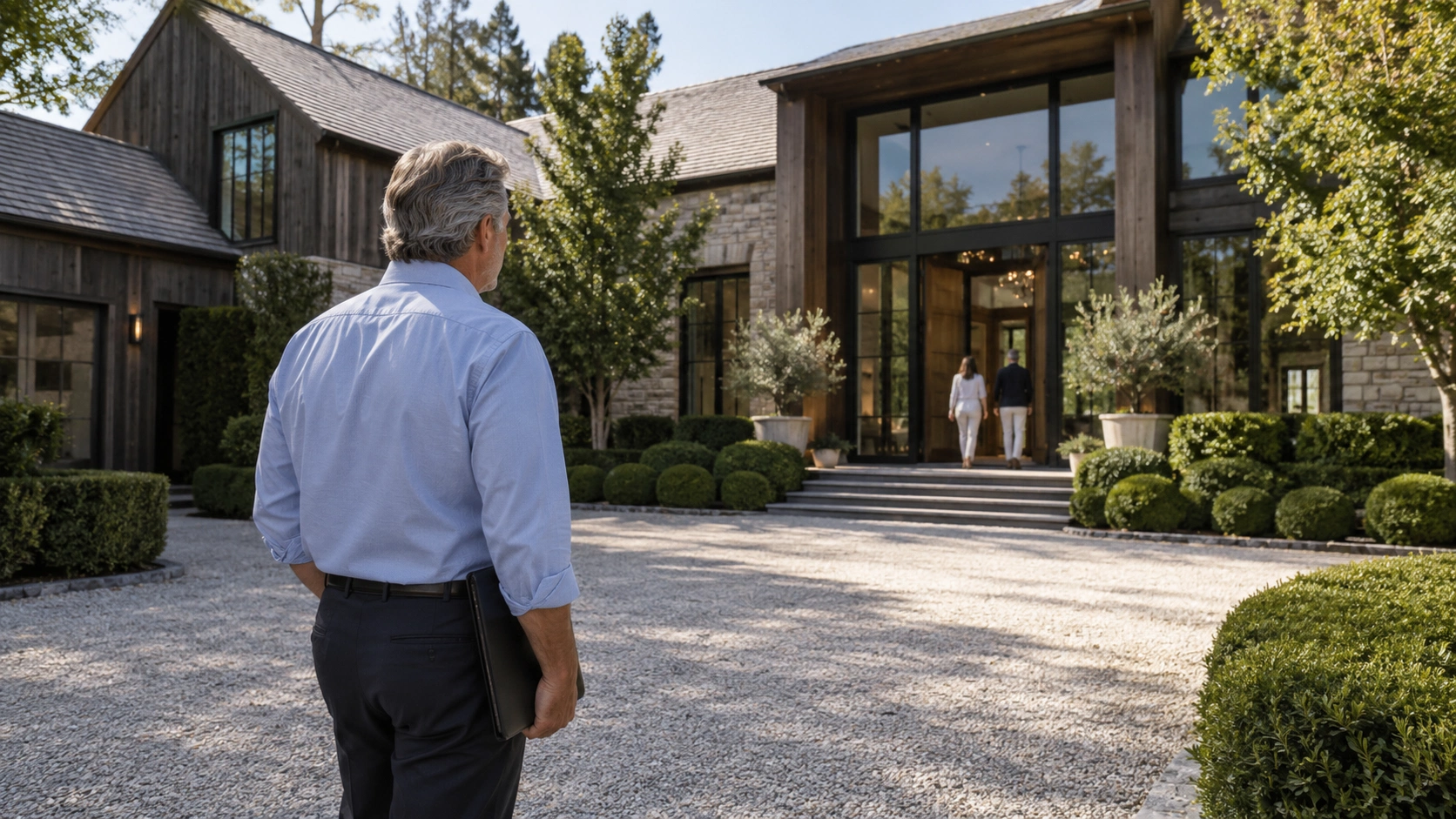 General contractor reviewing a luxury residential property and overseeing project details for a custom home