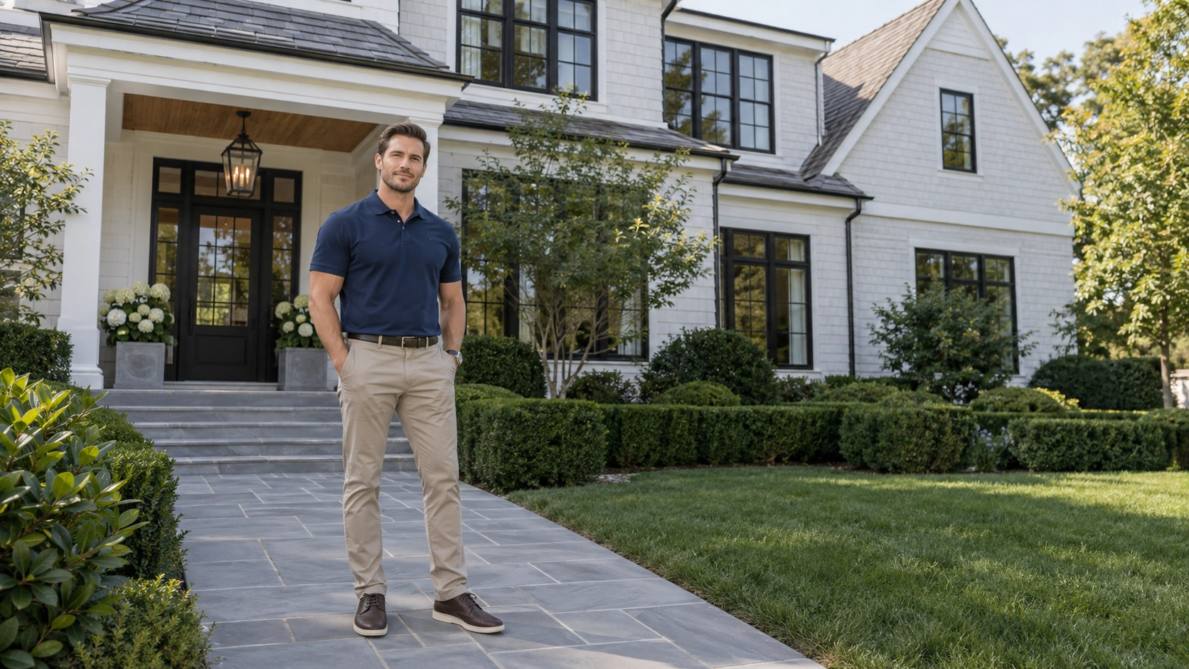 General contractor standing outside a newly completed luxury home after overseeing the residential construction project