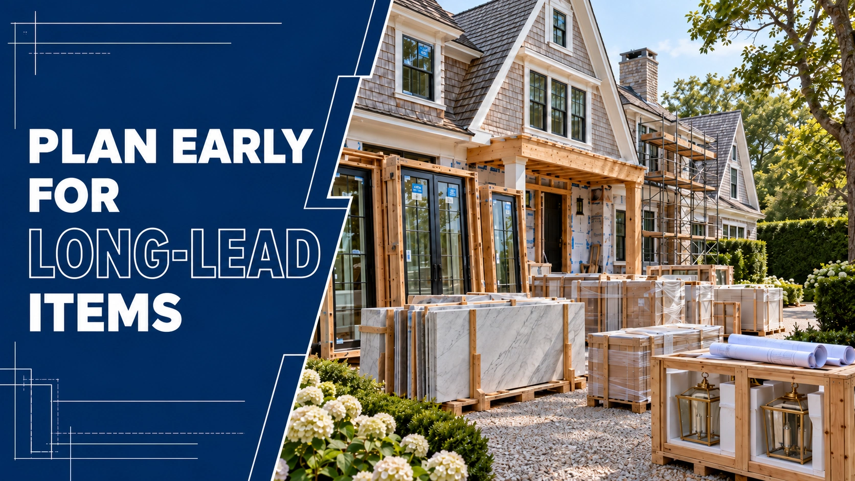 Long-lead construction materials staged outside a Hamptons home under construction, including stone, windows, fixtures, and cabinetry
