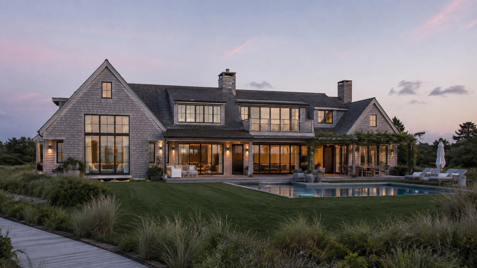 Luxury Hamptons home with cedar shingle siding, landscaped backyard, outdoor patio, and swimming pool at sunset