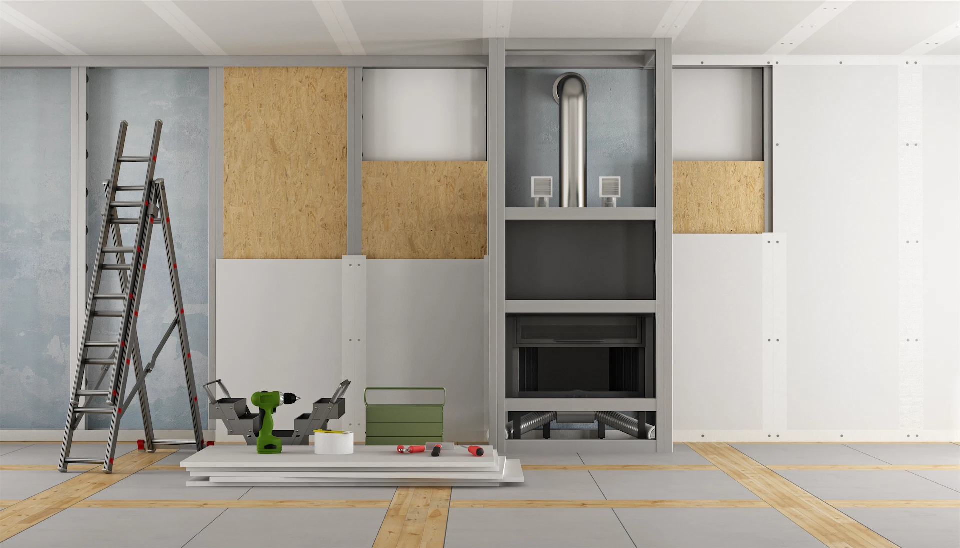 Luxury home renovation with exposed wall framing, fireplace installation, ladder, and construction tools