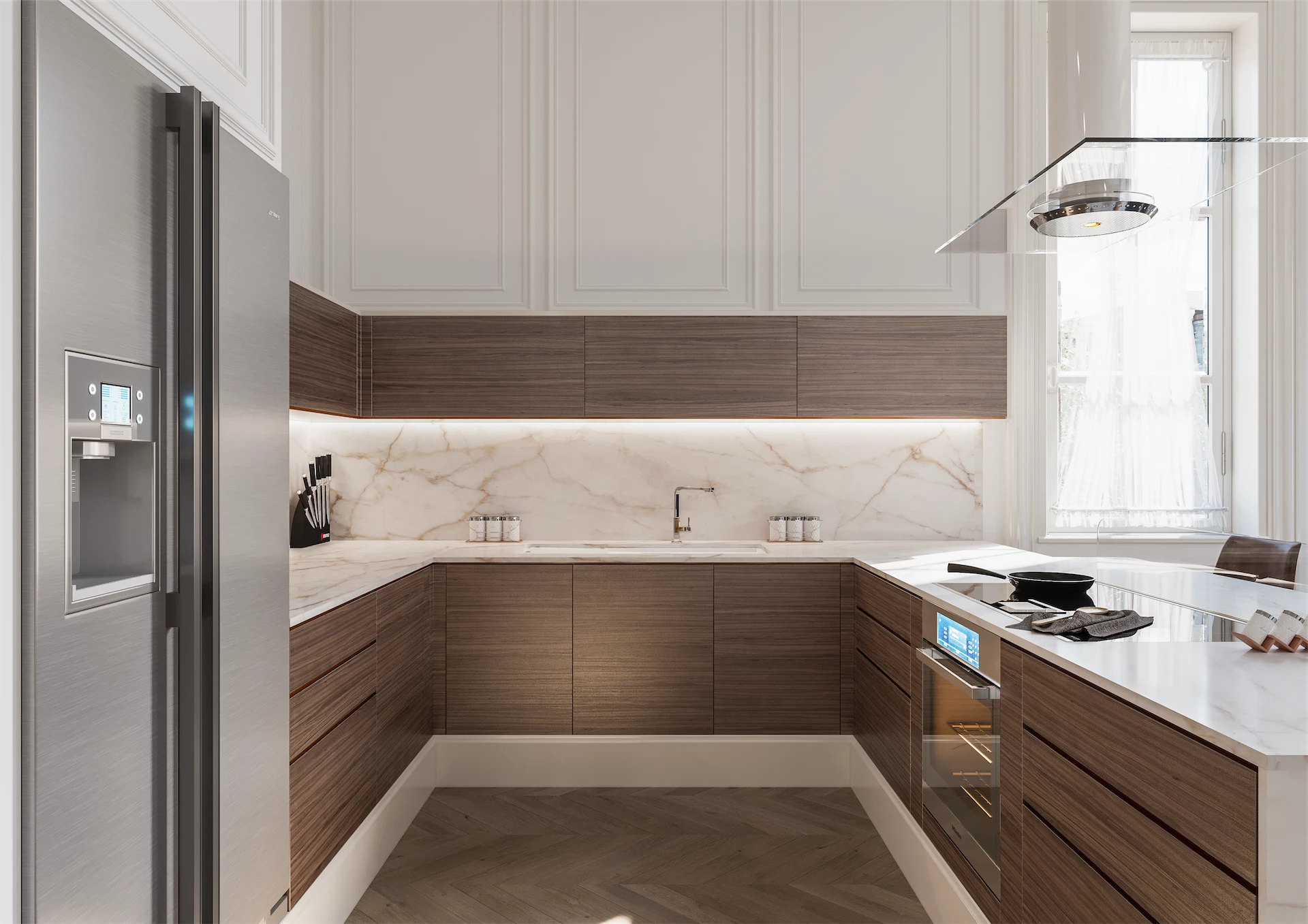 Luxury kitchen renovation with wood cabinetry, marble countertops and backsplash, stainless steel refrigerator, and integrated appliances