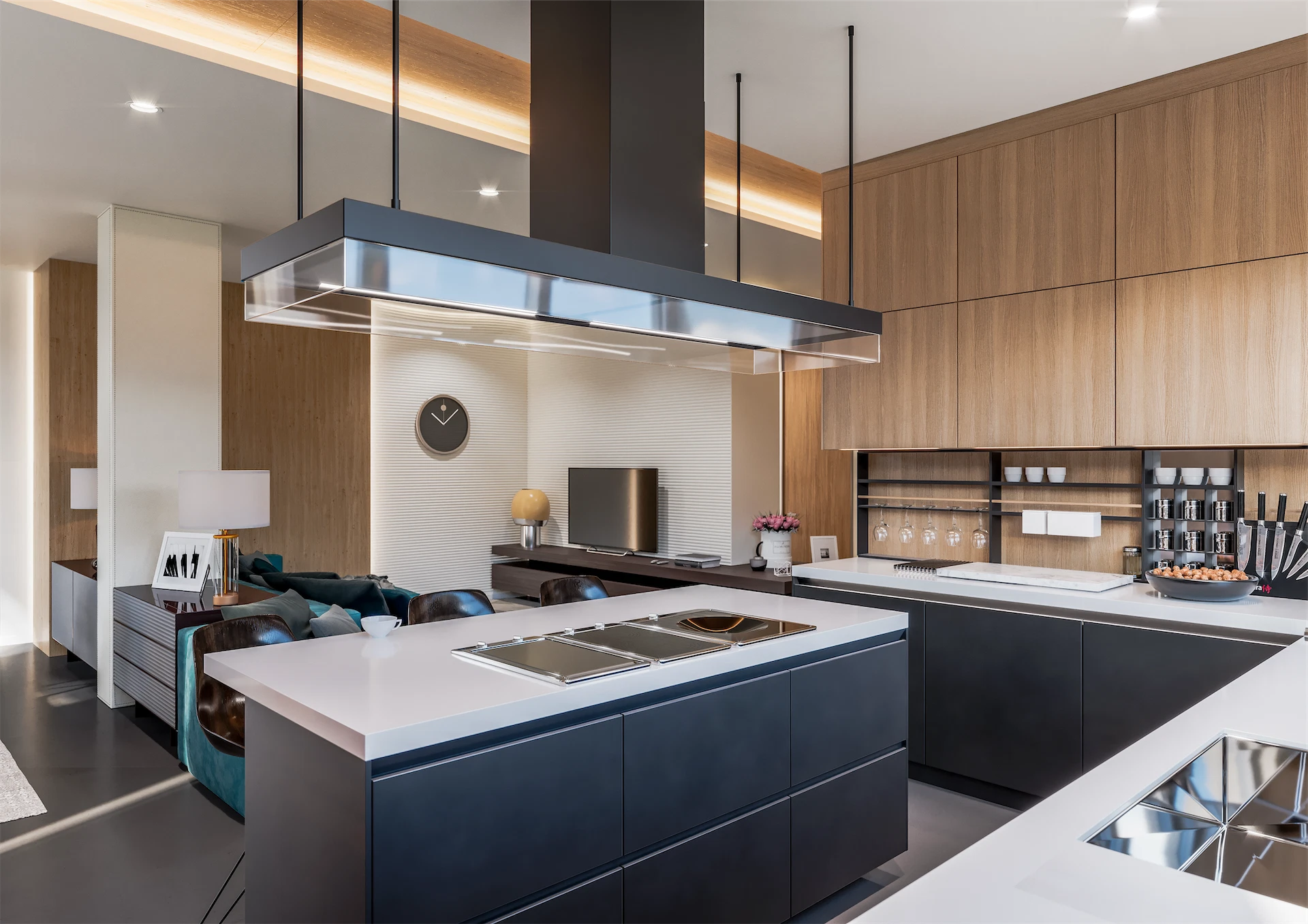 Modern kitchen renovation with a large island, dark cabinetry, wood finishes, integrated appliances, and statement range hood