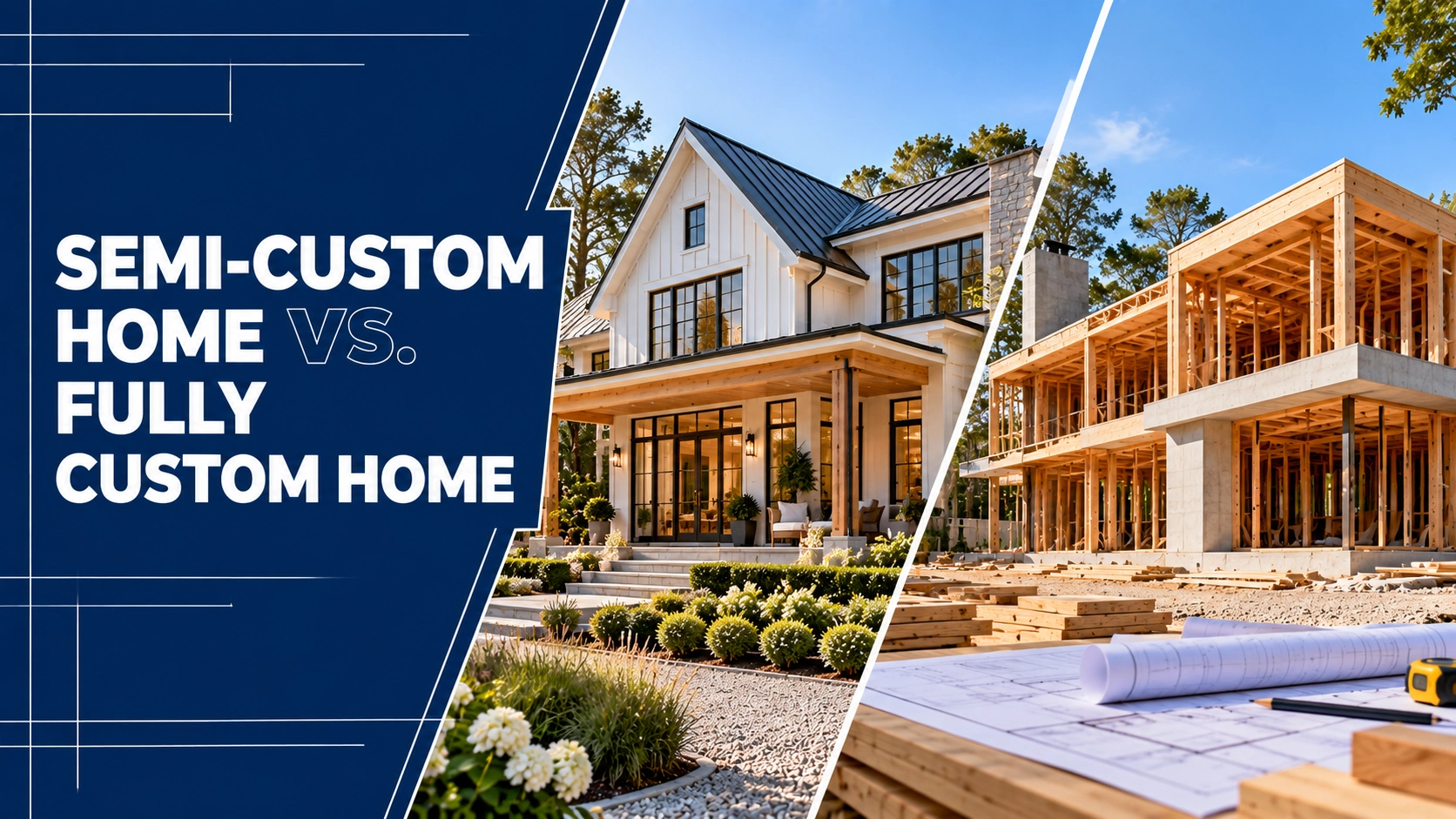 Semi-custom home vs. fully custom home comparison showing a finished luxury residence and a custom home under construction
