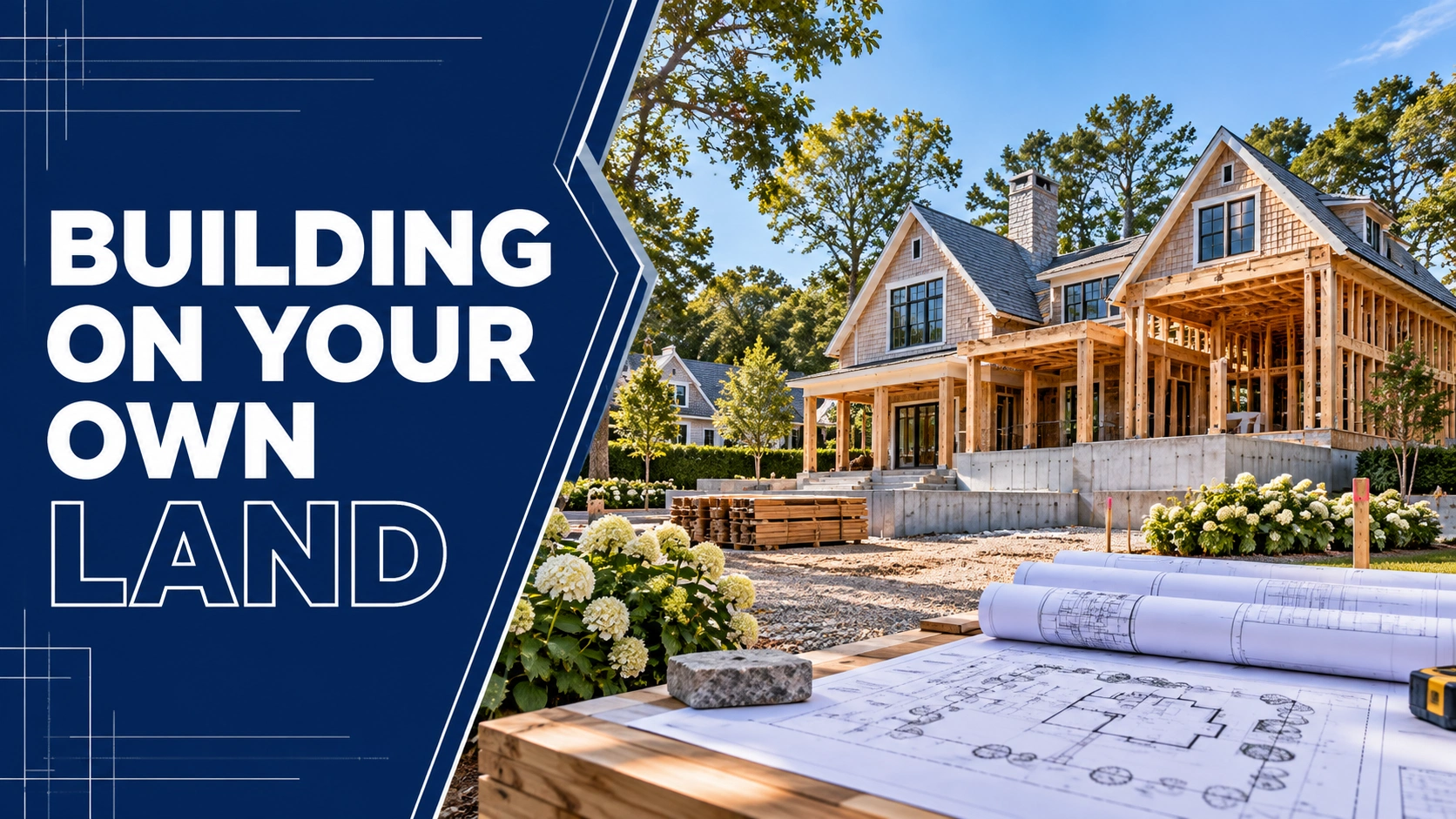 Custom Hamptons home under construction on privately owned land with architectural plans in the foreground
